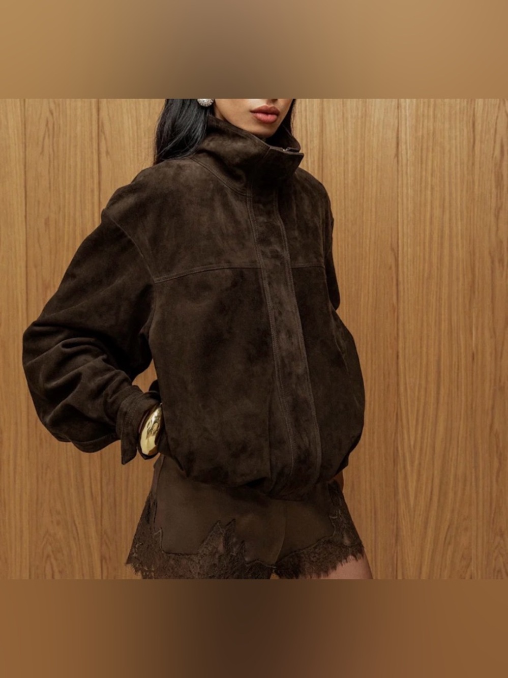 Dark Brown Suede Leather Jacket - Women's Casual Bomber - Picture 2 of 5